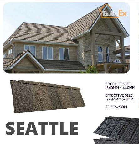 SCM-Buildex-CN SEATTLE  загварын чулуун будагтай металл дээвэр (Энгийн цайртай) (1340x440x0,45мм) 0,5м2
